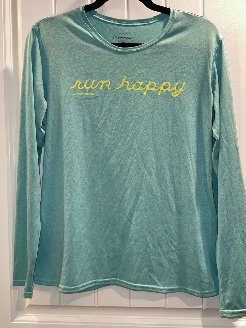 Brooks Women’s Long Sleeve Tee in Aqua with Yellow 'Run Happy' Script